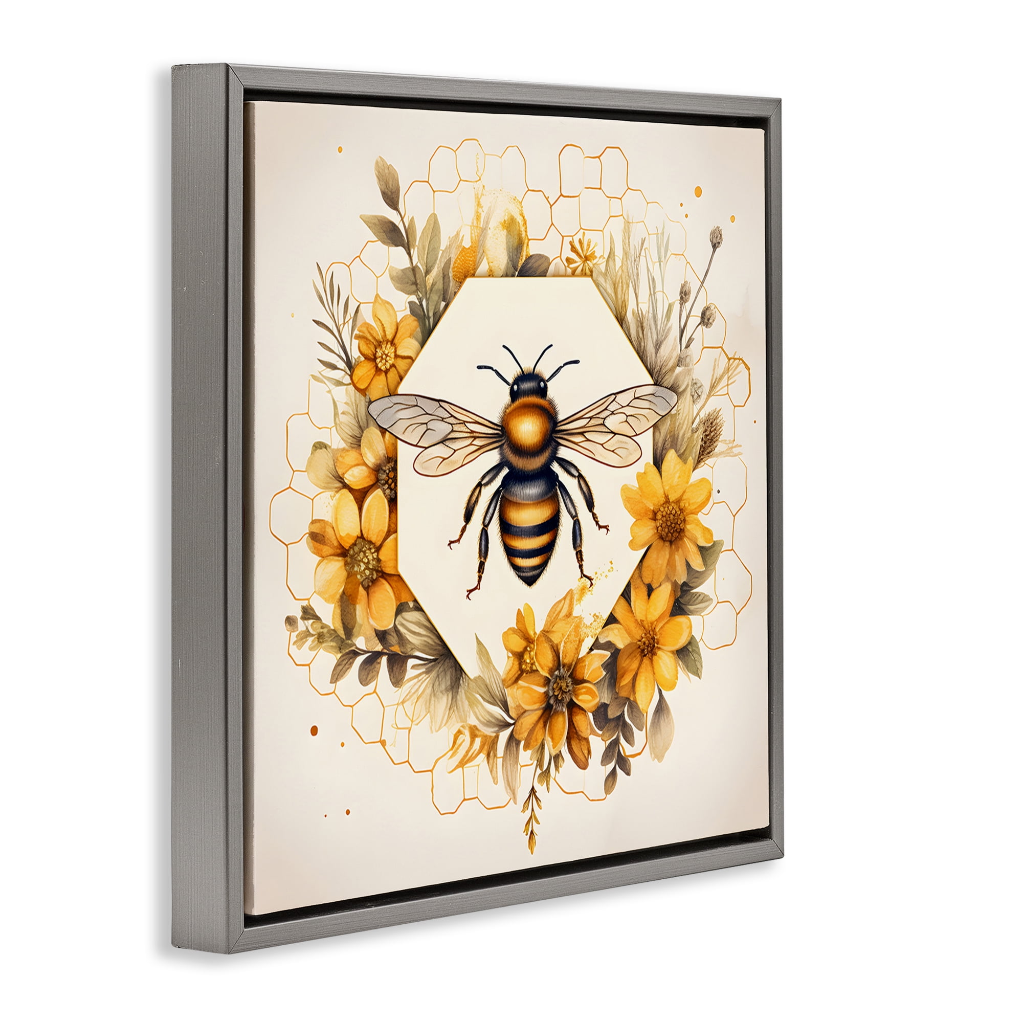 Stupell Industries Hexagon Bee Wreath Animals & Insects Painting Gray Floater Framed Canvas Art Print Wall Art, 18 x 18