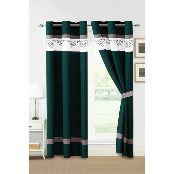 4-Pc Alair Scroll Floral Vine Damask Embroidery Stripe Curtain Set Teal White Gray Drape Grommet Sheer Liner