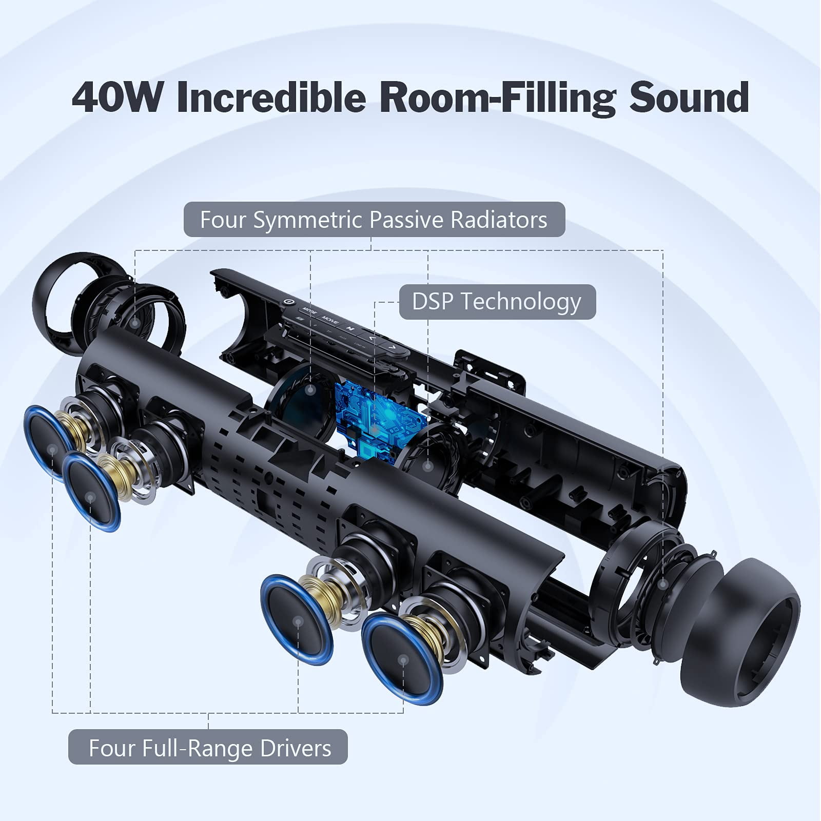 DOSS Sound Bar for TV with Dual Subwoofers, HD 3D Stereo Speaker and Midrange Drivers, Wired & Wireless Bluetooth 5.0, Three Sound Modes, Muti-Connections, Remote Control, Speaker for TV