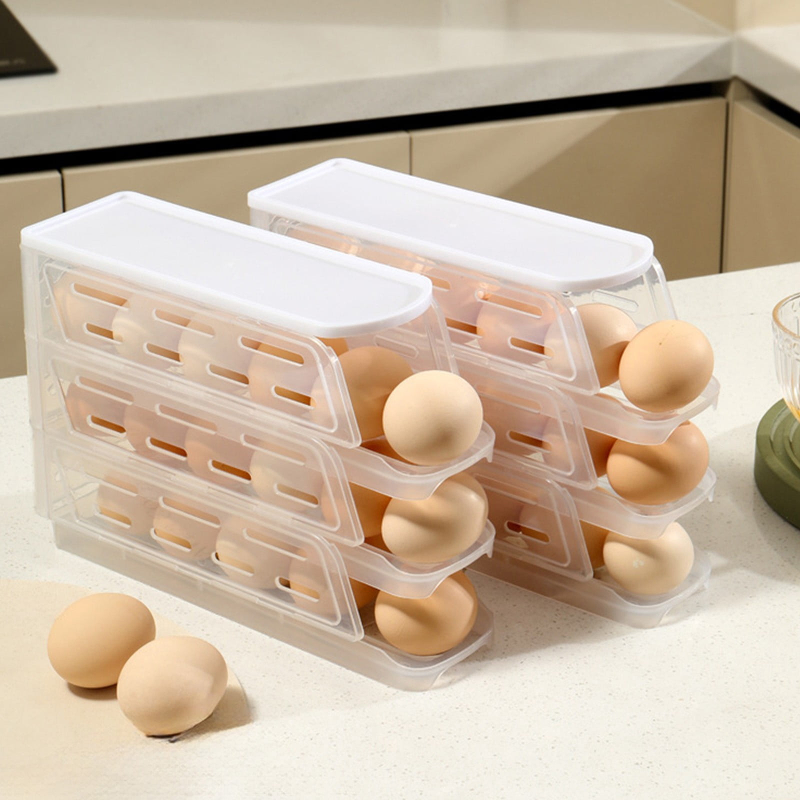 Rolling Egg Organizer Storage Box for Refrigerator Slide Type Egg Carton with Lid Household Kitchen(C)
