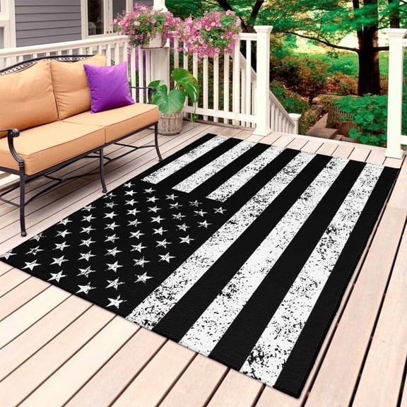 Black American Flag Outdoor Rug 5x8 Ft, Non Slip Washable Area Rug, Vintage USA Flag Patio Rugs Carpet Runner, Large Floor Mat for Indoor/Outdoor Deck Porch Camping