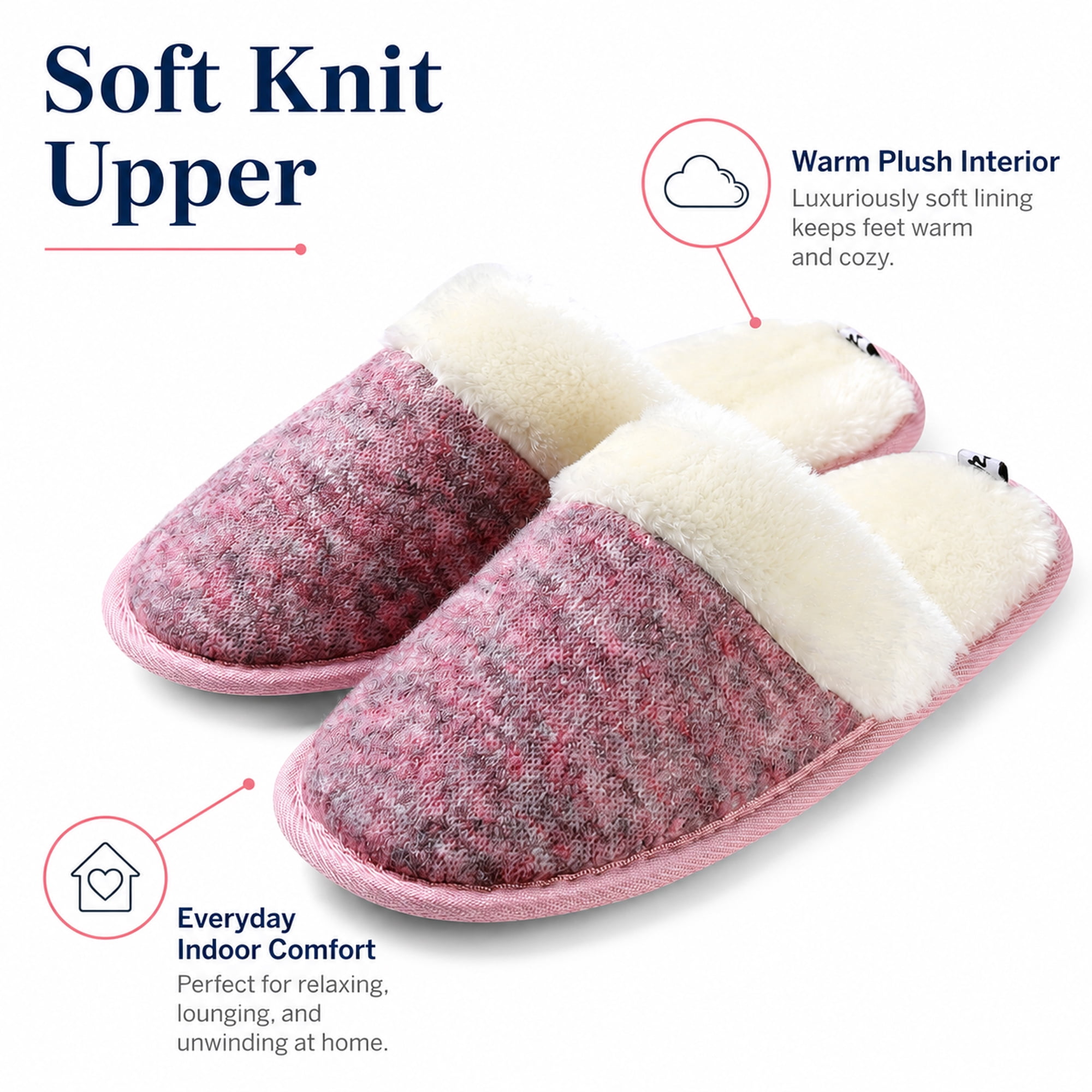 Women’s Warm Knit House Slippers with Faux Fur Lining and Non-Slip Rubber Sole, Indoor Outdoor