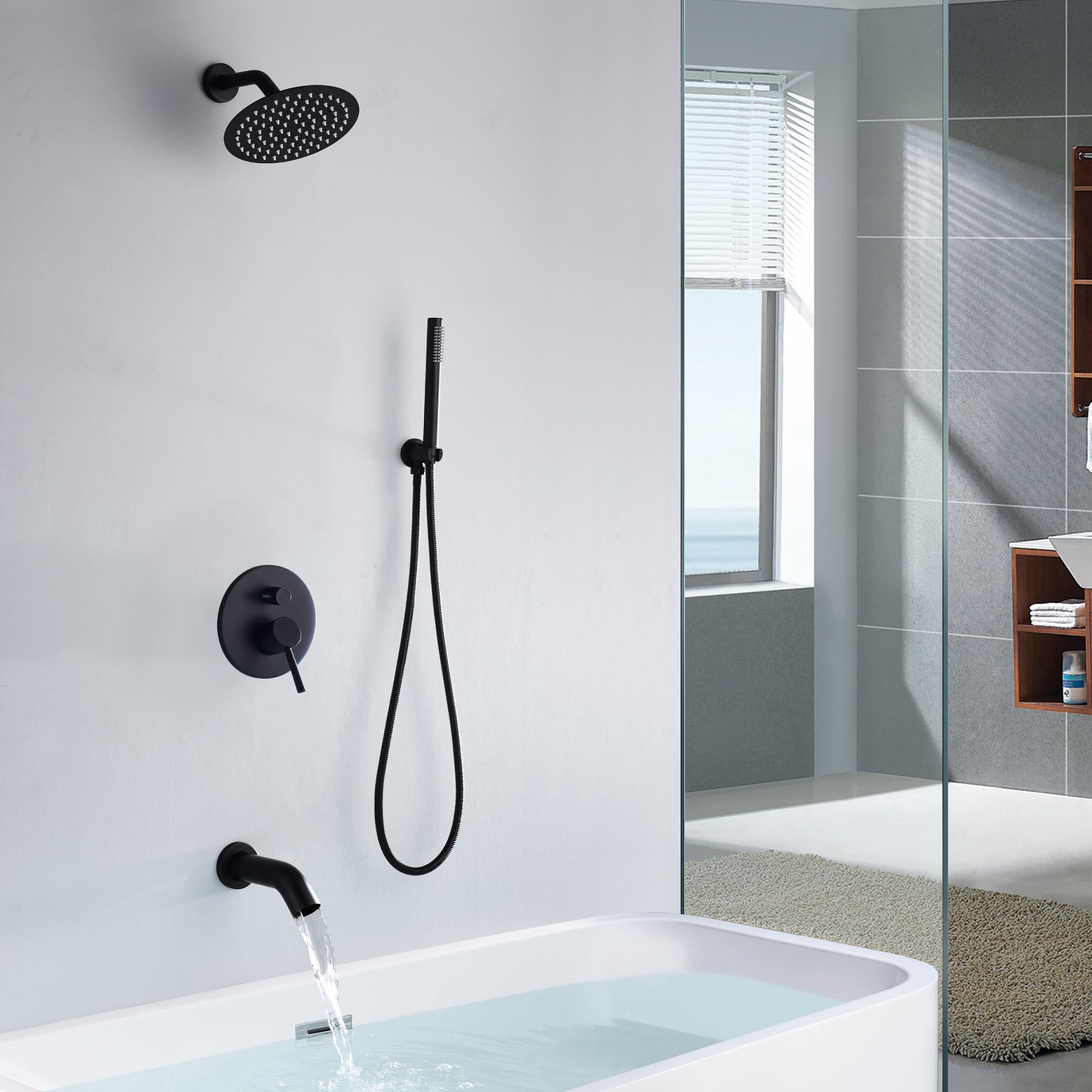 Sumerain Matte Black Rain Shower System Set with Waterfall Tub Spout