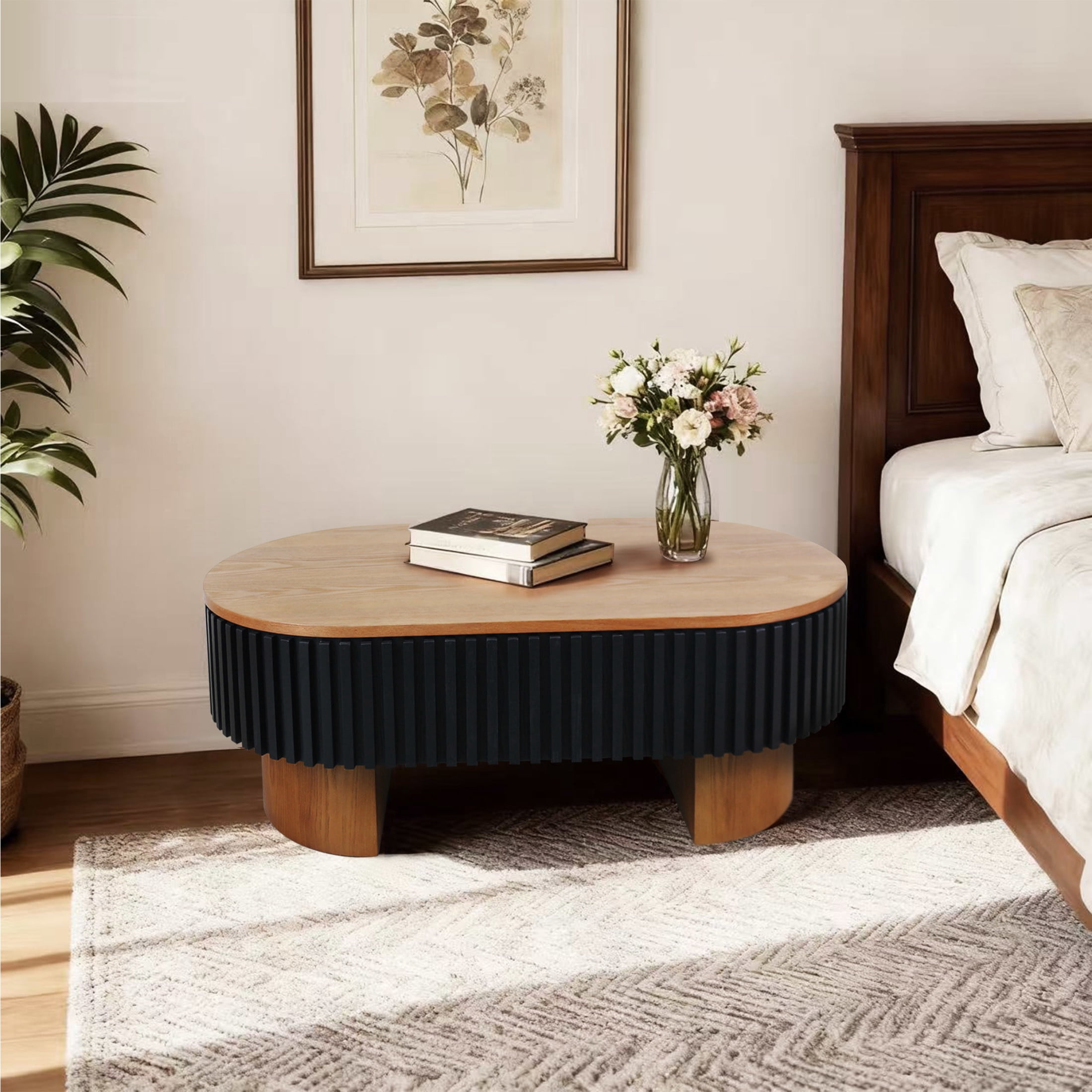 Noble House Mourade 44" Elliptical Coffee Table with Hidden Storage, Modern Fluted Mushroom Accent Table, Brown