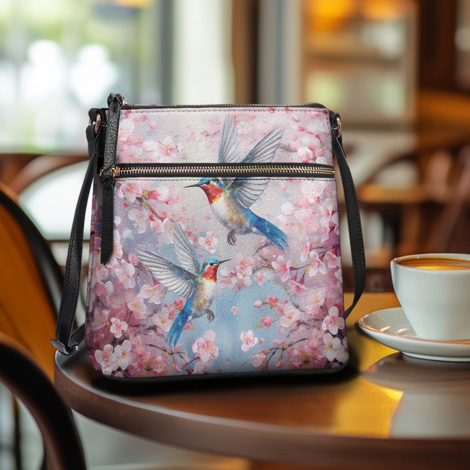 LedBack Hummingbird Print Leather Shoulder Handbag Purse Peach Blossom Satchel Bag Crossbody Hobo Purse with Adjustable Strap, Zipper Messenger Bag for Travel Shopping Work, Pink