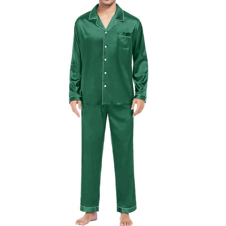 

Men s Casual Pyjamas Long Sleeve Blouse Button Silk Satin Two Piece Sleepwear Suit Pant Pyjama Women s Nightgowns Elderly Nightgown
