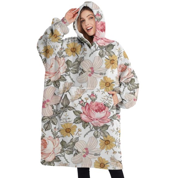 Oversized Wearable Blanket Hoodie,Pioneer Flower Floral Print Pattern Sherpa Blanket Hoodie with Super Pockets,Super Warm Fuzzy Pullover for Women & Men