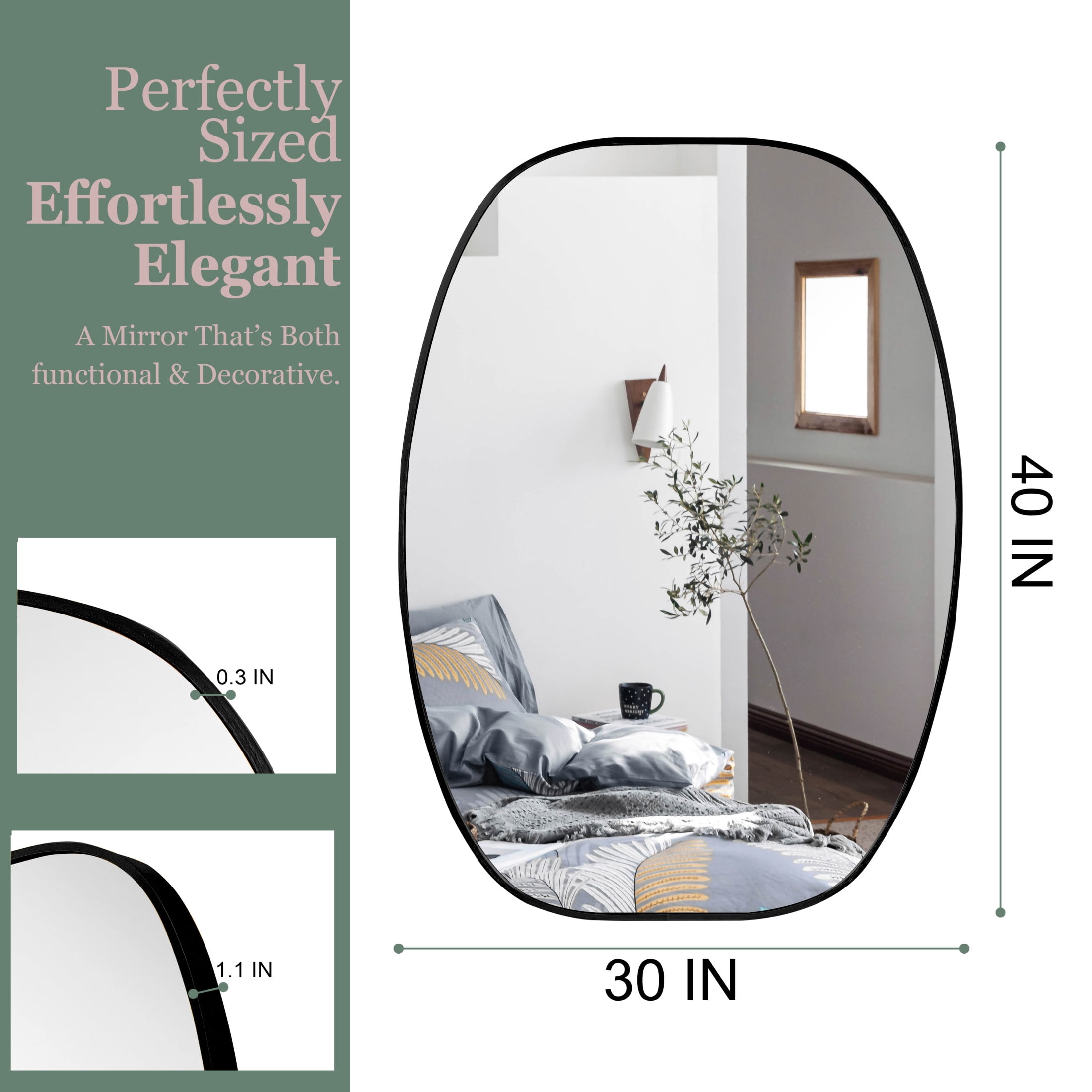 Noble House 30"x40" Unique Metal Framed Oval Wall Mirror, Modern Oblong Vanity Mirror for Bathroom & Entryway, Black