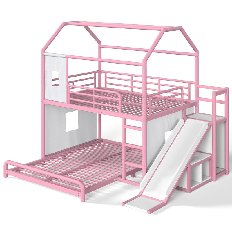 Full Over Full Metal Bunk Bed with Slide, Ladder, LED Light, Privacy Curtain and Movable Storage Cabinet, House-Shaped Kids Bunk Bed with Hanging Rod, No Box Spring Required