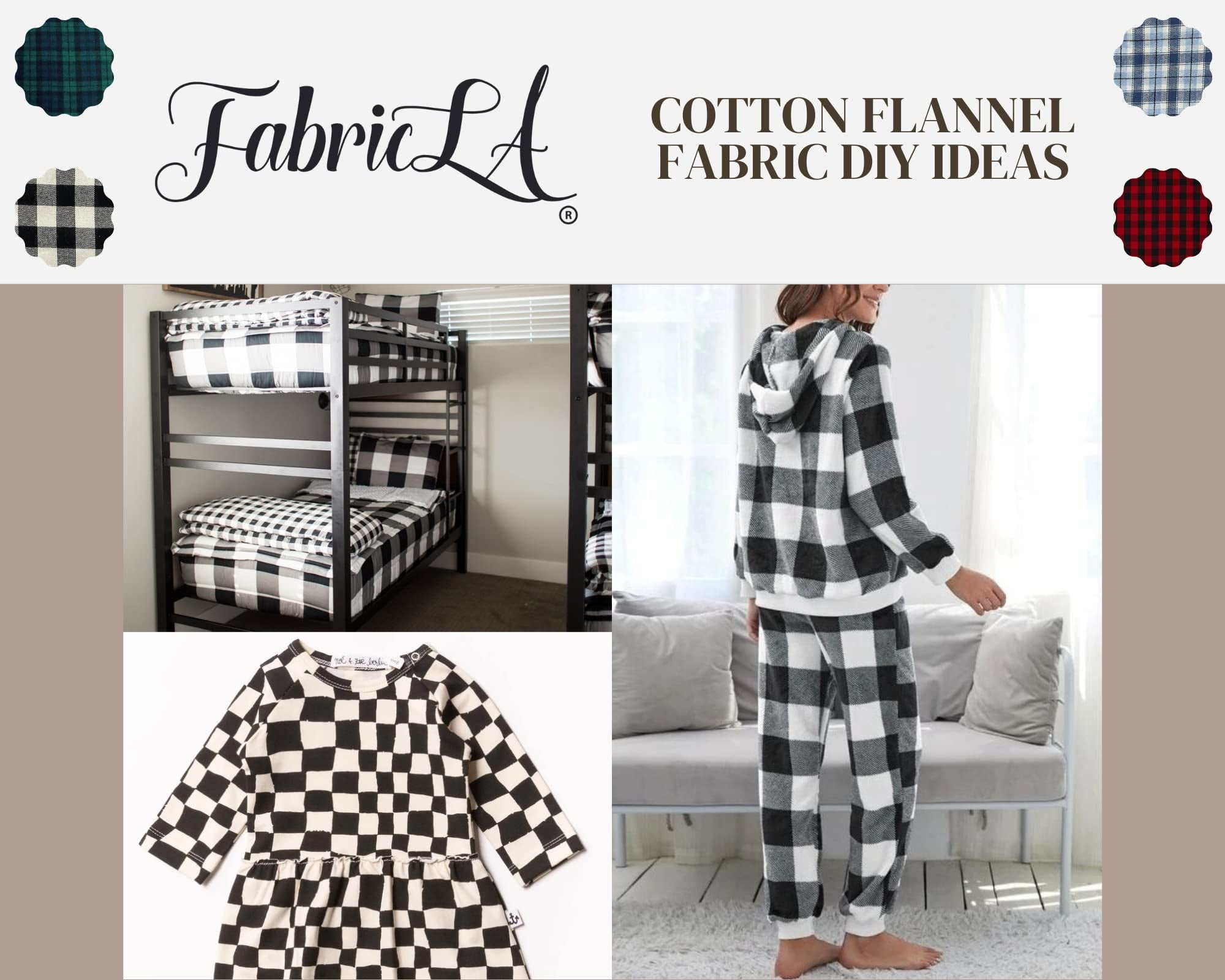 FabricLA Flannel Fabric by The Yard | 60" inches Wide Flannel Fabric | 100% Cotton Flannel Fabric for Baby Blanket, PJ, Shirt, Cloth Flannel Craft Fabric - Black Tartan 18 Fabric 1 Yard Pre Cut