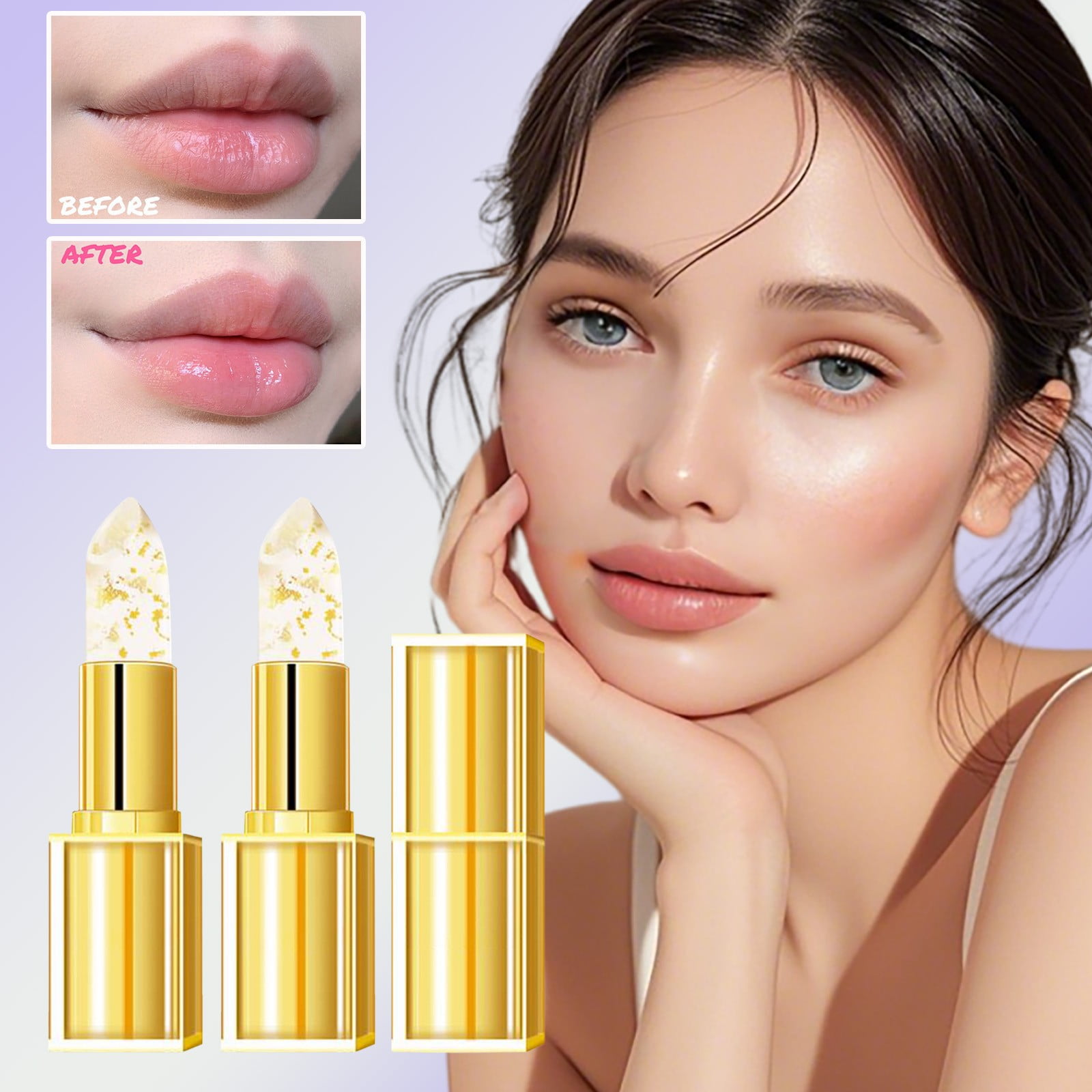 Mcolor 2 Pcs Transferproof Color Changing Lipstick, Imaginary Lip Gloss for Women, Gold Foil Crystal Ph Lipstick Color Changing Moisturizing Glossy Shine Lip Gloss