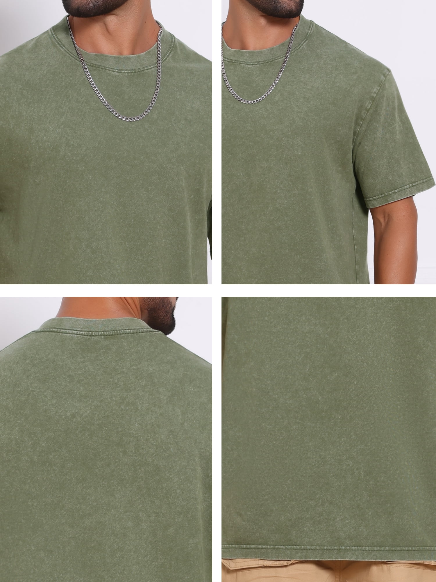DARING DIVA Men's Retro Distressed Crew Neck Short Sleeve Solid T-Shirt L Olive Green