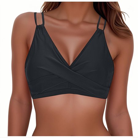 OSFVNOXV Black Bikini Top for Women Ruched Twist Front Push Up Swim Top V-Neck Seamless Soft Padded Bikini Bra Clearance