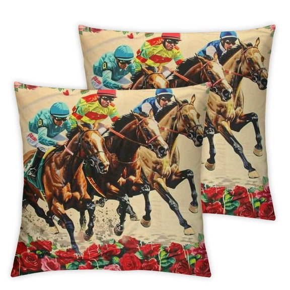 BANET Kentucky Horse Racing Pillow Covers Red Roses Jockeys Horse Race Competition Decorative Rustic Farmhouse Pillow Cases Set of 2 Party Home Decor for Sofa Couch Outdoor 12x12in