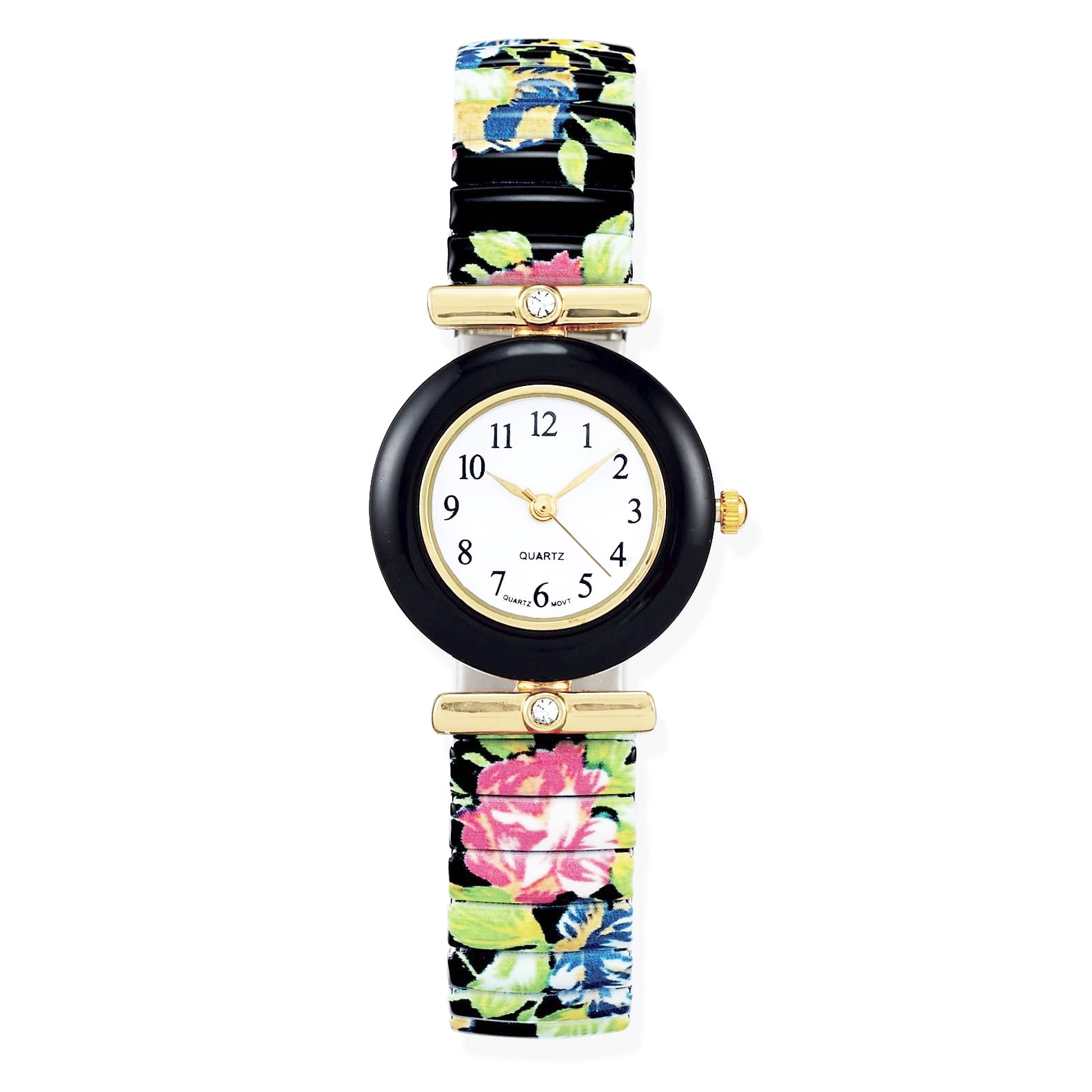 LINEL Women's Black Floral Stretch Band Watch Crystal Accents