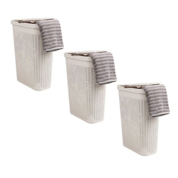 Mind Reader 40L Slim Laundry Hamper, Clothes Basket, Lid, Wicker Design, Plastic, 18"L x 10.4"W x 23.5"H, Set of 3, Ivory