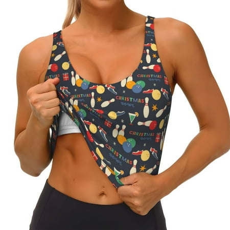 Qokaie Christmas Holiday Bowling Pattern Womens Scoop Neck Sports Bra Breathable Workout Vest Padded U Back Medium Impact Fitness Gym Yoga Bra Workout Crop Top