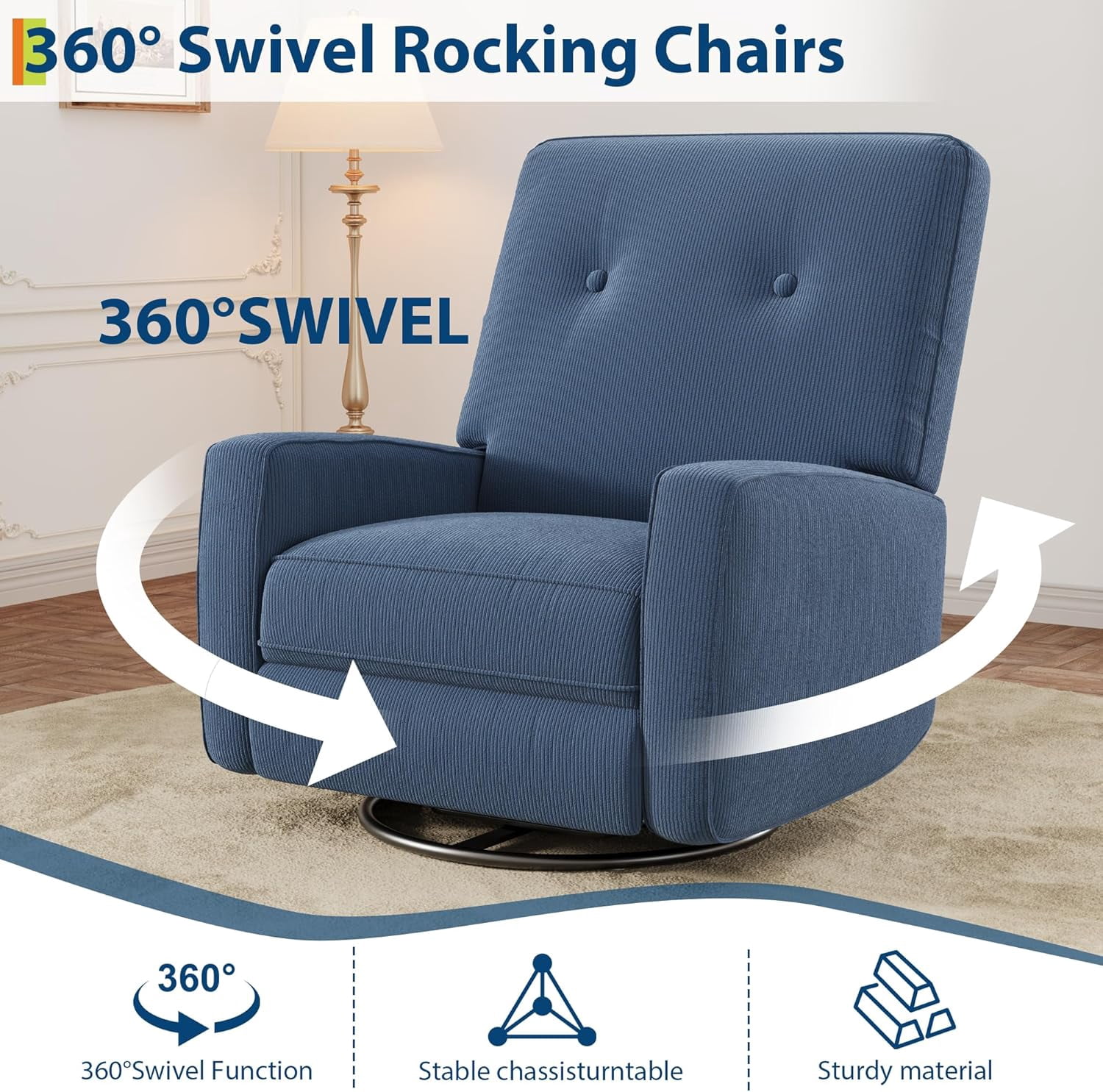 Nursery Recliner Chair, 360° Swivel Rocking Glider Chair for Adults with Adjustable Backrest & Footrest, Upholstered Armchair for Living Rooms, Bedrooms, Apartments, Blue