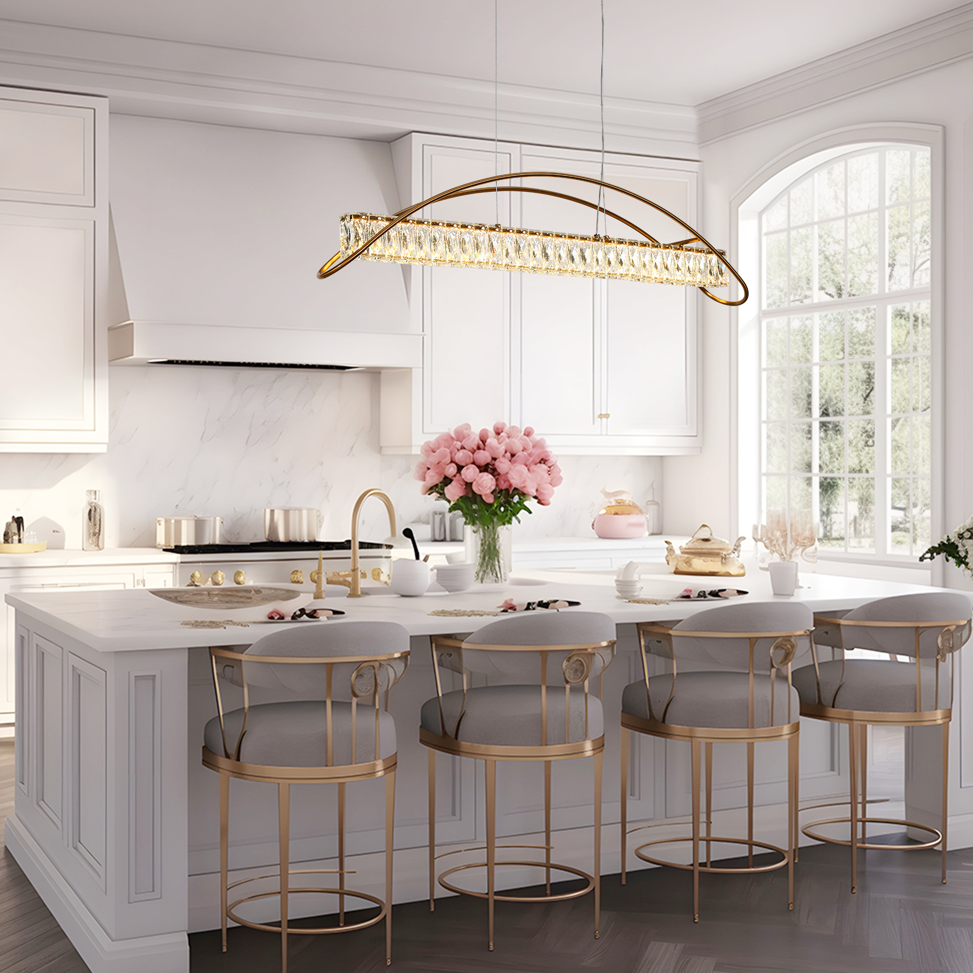 LNC Cardoon 1-Lights 39.4" Luxury and Glam Linear Crystal Integrated LED Kitchen Island Lights, Gold