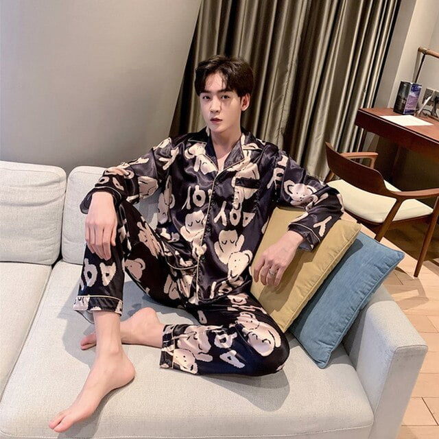 Qwzndzgr Men's Long Sleeve Silk Satin Pajamas
