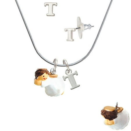 Right Angle Stud - Resin Flying Angel - T Initial Charm Necklace and Stud Earrings Jewelry Set