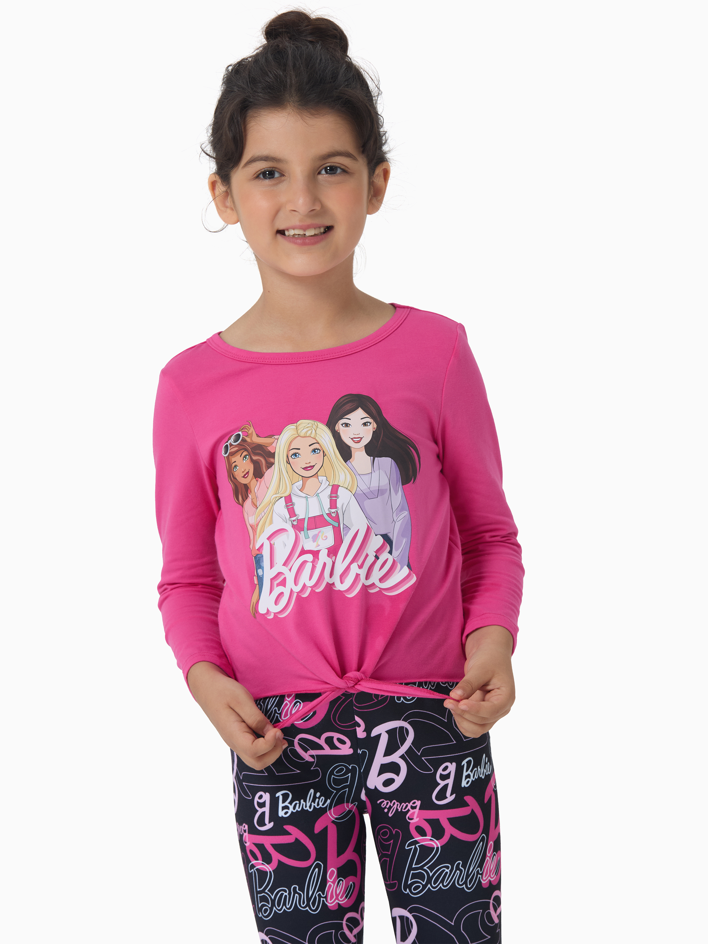 Barbie Girls 2Pcs Pink Outfit Set Long Sleeve Graphic Tee And Logo Print Legging Casual Matching Clothes Sizes 5-12Y