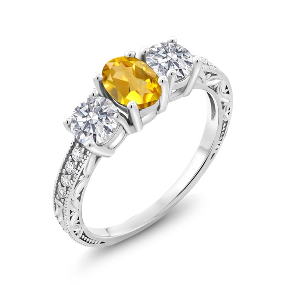 Gem Stone King 10K White Gold Yellow Citrine and Lab Grown Diamond Engagement Ring for Women | 1.87 Cttw | Oval 7X5MM | Gemstone November Birthstone | Size 7