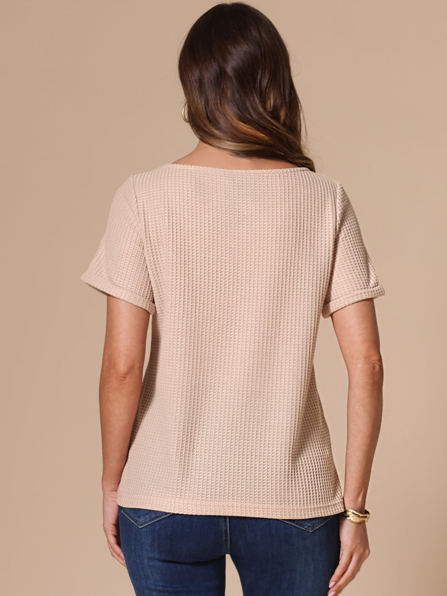 DARING DIVA Women's Casual Short Sleeve Lace Trim Round Neck Top S Beige