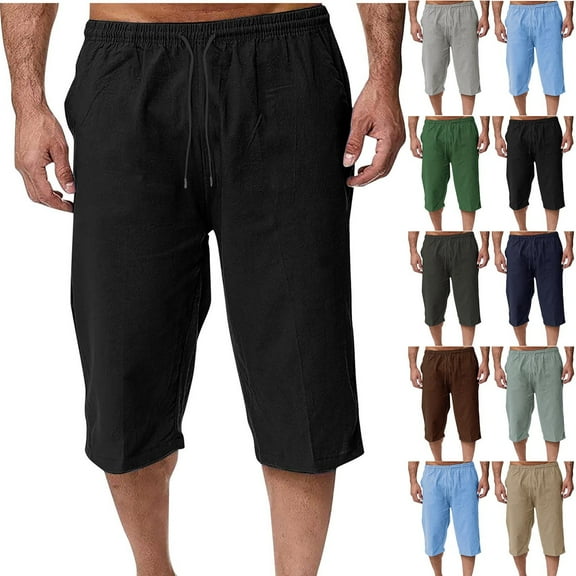 Hurxie Deals Mens Linen Shorts Black Casual Drawstring Elastic Waist Capris Summer Beach Vacation Shorts with Pocket S-2XL