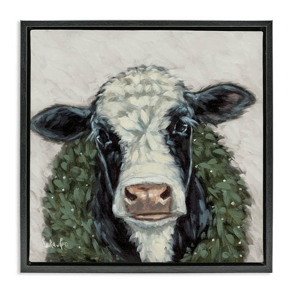 Stupell Industries Spotted Cow with Wreath Holiday Painting Black Floater Framed Canvas Art Prints Wall Art, 18 x 18