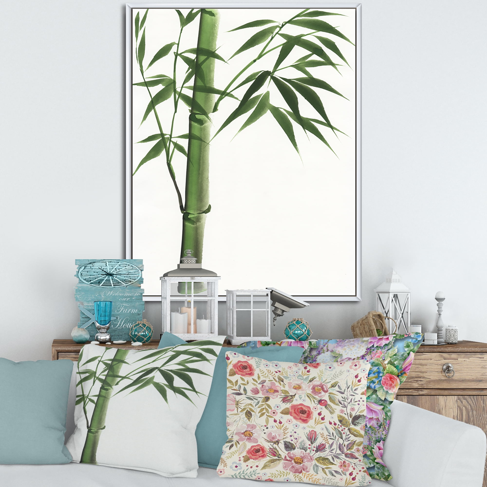 Designart 'Detail Of Dark Green Bamboo On White III' Traditional Framed Canvas Wall Art Print