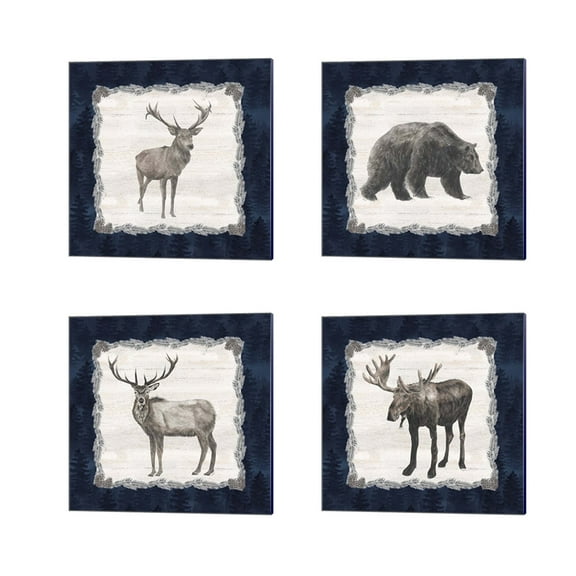 Great Art Now Blue Cliff Mountains -Bear, Deer, Elk, Moose by Tara Reed 4 Piece Canvas Art Set Each 14"W x 14"H