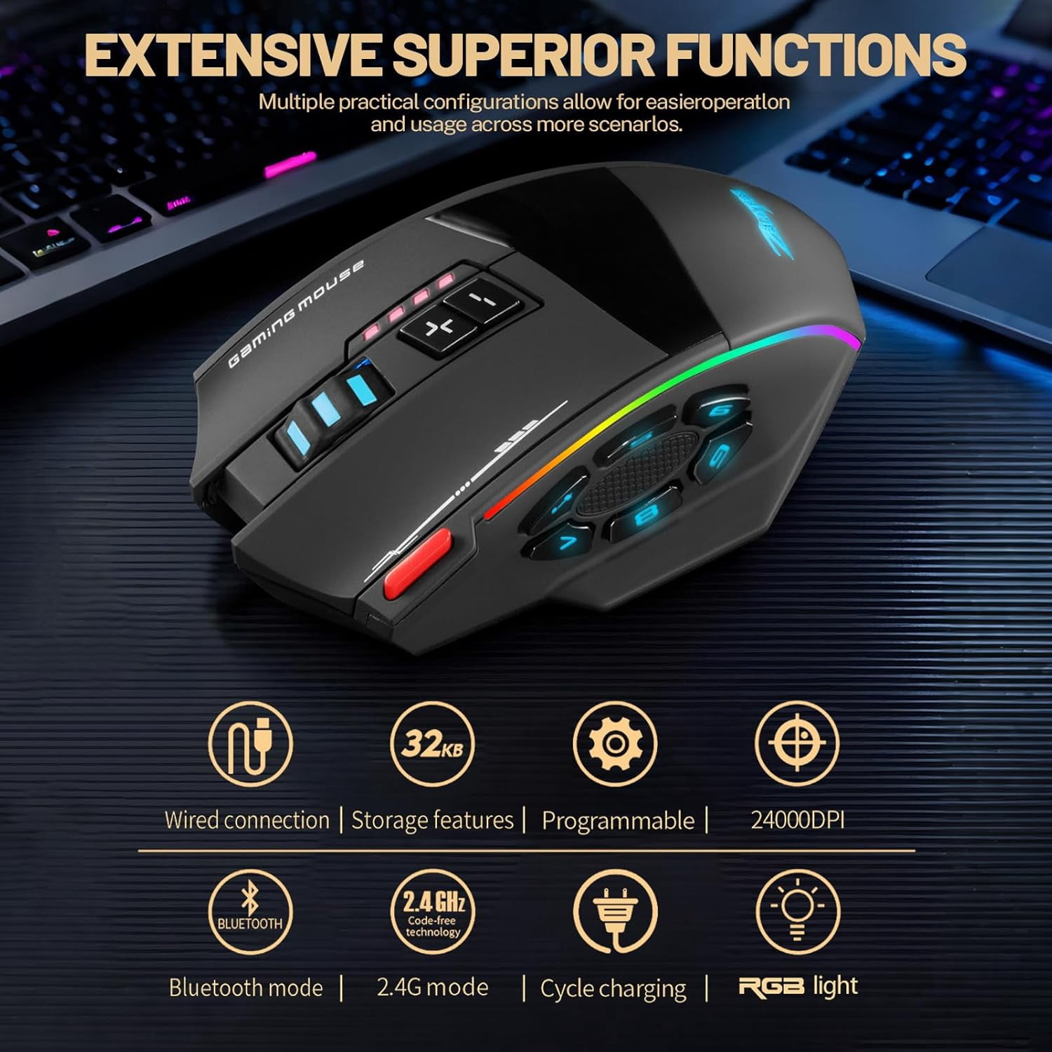 Wireless RGB Gaming Mouse, 2.4G Bluetooth Dual Mode Mouse with 24000 DPI PMW-3311 Sensor, 13 Macro Programmable Buttons, 50Hr Rechargeable Ergonomic Mouse for PC Laptop FPS MOBA (Black)