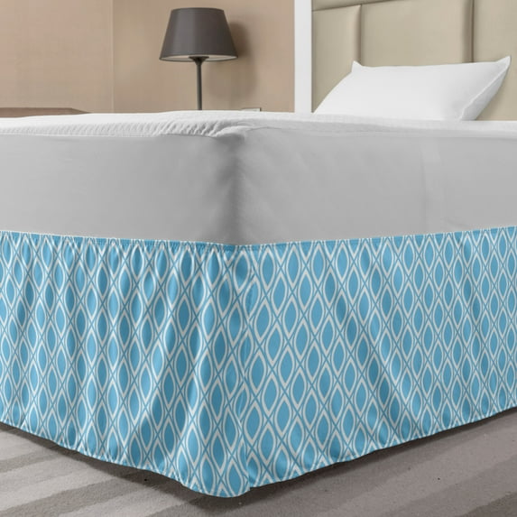 Abstract Bed Skirt, Oval Shaped Linked Egg Form Style Retro Symmetric Simplistic Design, Elastic Bedskirt Dust Ruffle Wrap Around for Bedding Decor, 4 Sizes, Sky Blue White, by Ambesonne