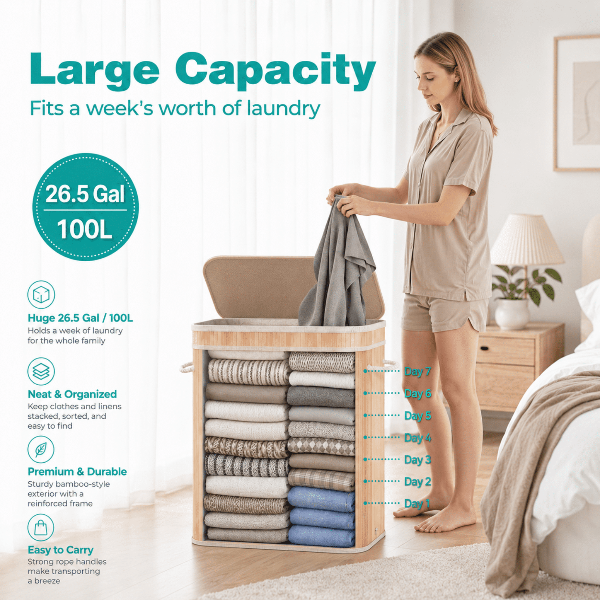 MEHOOM Laundry Hamper, 100L Foldable Laundry Basket with Lid and Handles (Natural Bamboo)