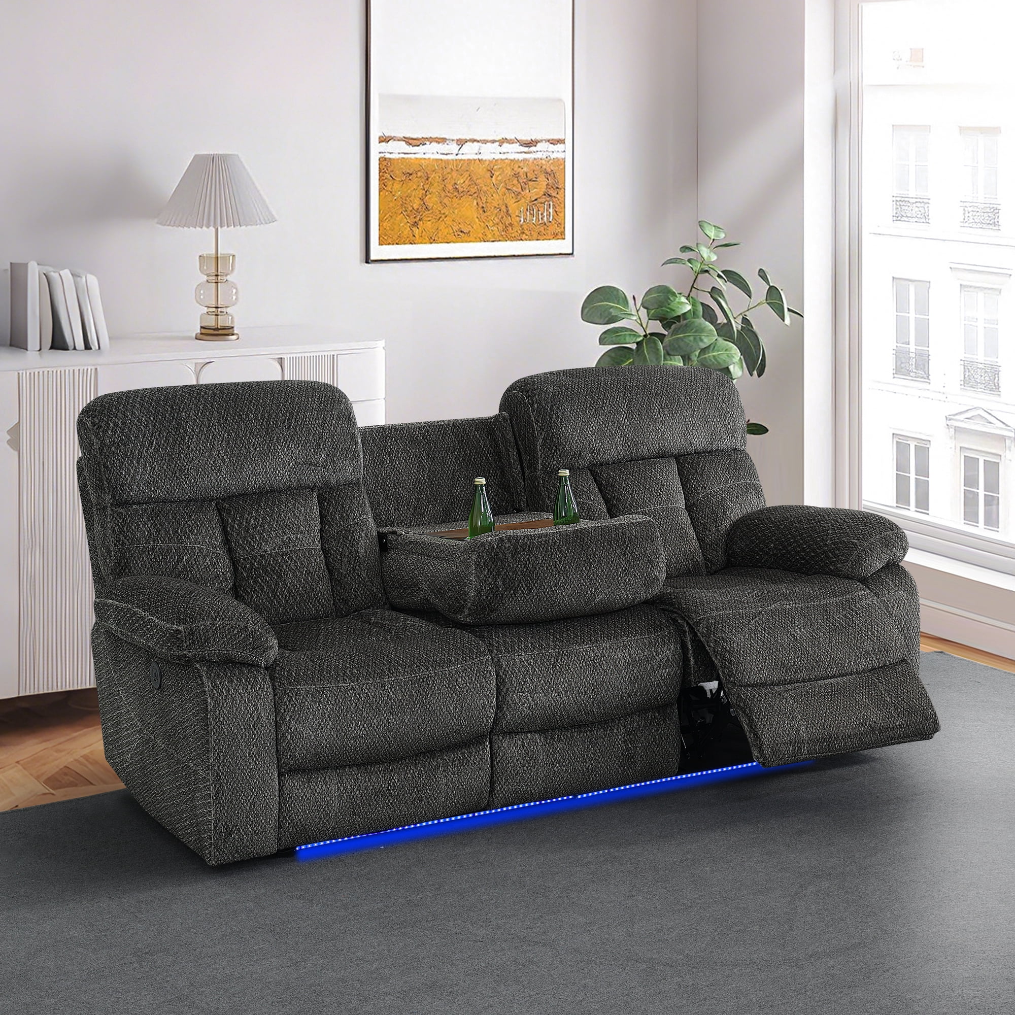 Gewnee 3‑Seater Power Recliner Sofa, Flocking Upholstery, USB Charging Port, Flip‑Up Tea Table, LED Ambient Light, Home Theater Seating for Living Room，Grey