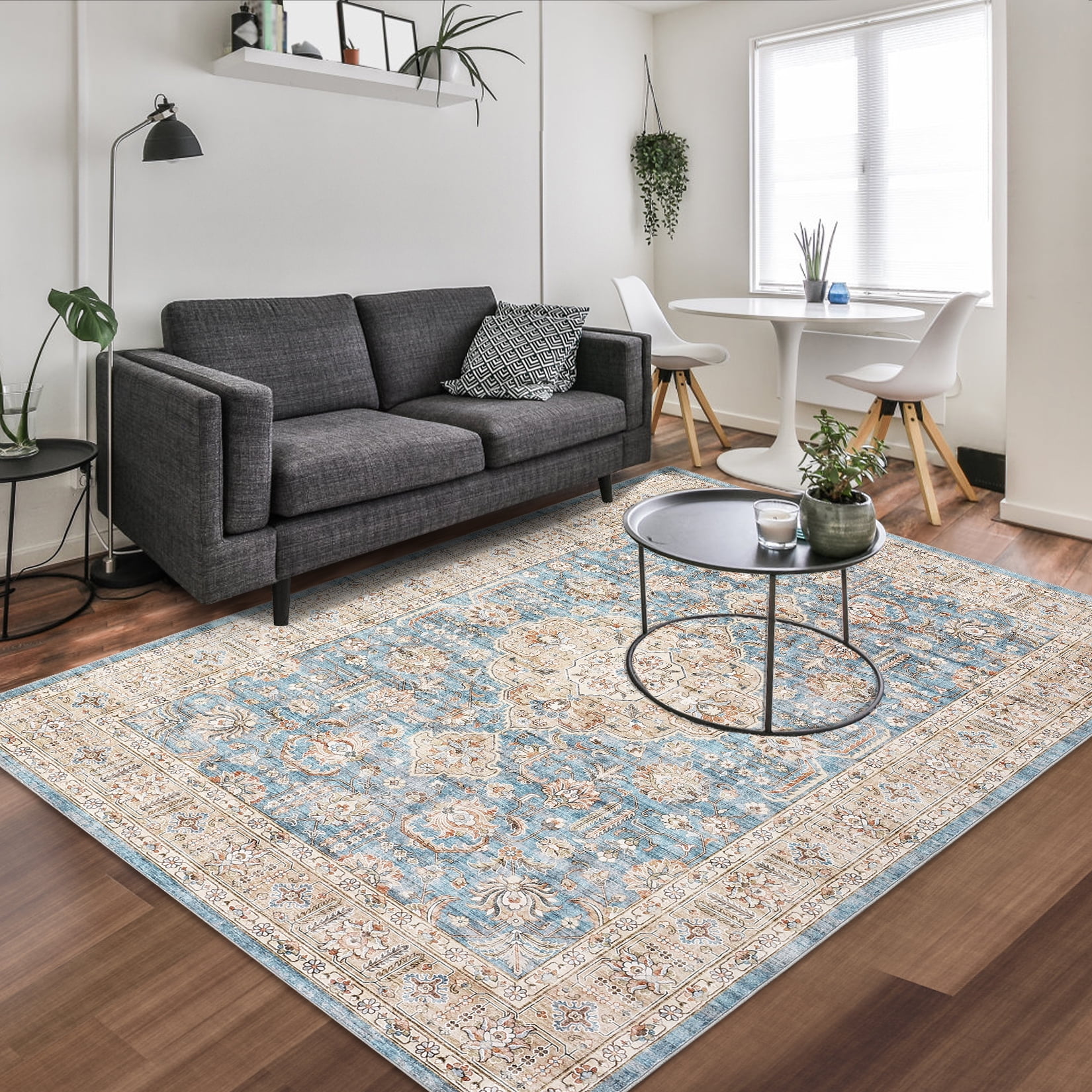 Hasoo 8' x 10' Area Rug Vintage Area Rug for Living Room Bedroom Medallion Distressed Rug Washable Carpet Blue