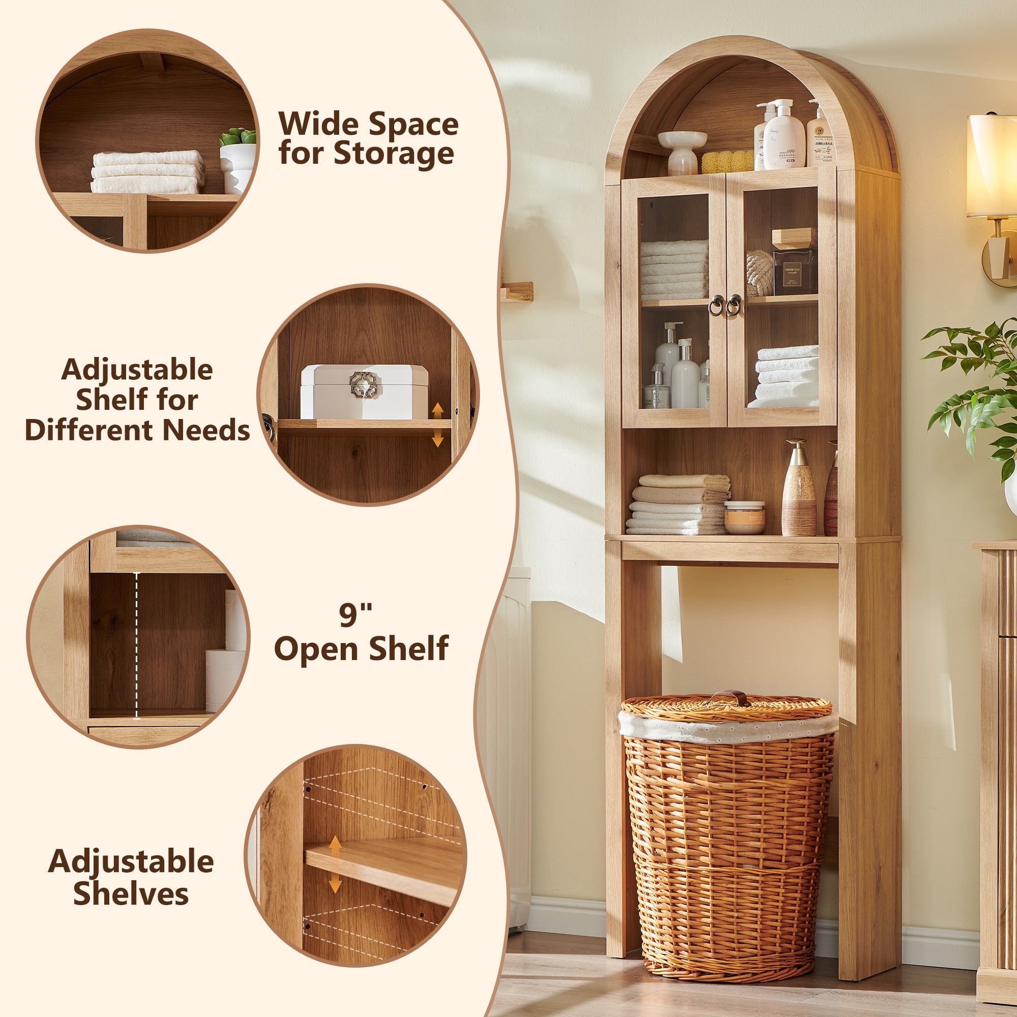 SinCiDo Arched Over The Toilet Storage Cabinet, Modern Bathroom Shelf Over Toilet with Acrylic Doors, Wooden Bathroom Space Saver Organizer above Toilet with Adjustable Shelf