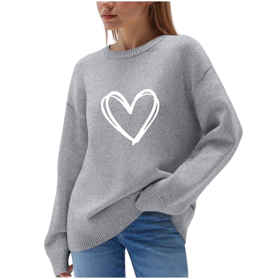 qelini Pullover Sweaters for Women Heart Print Crewneck Pullover Long Sleeve Blouses Casual Trendy Knitted Tops