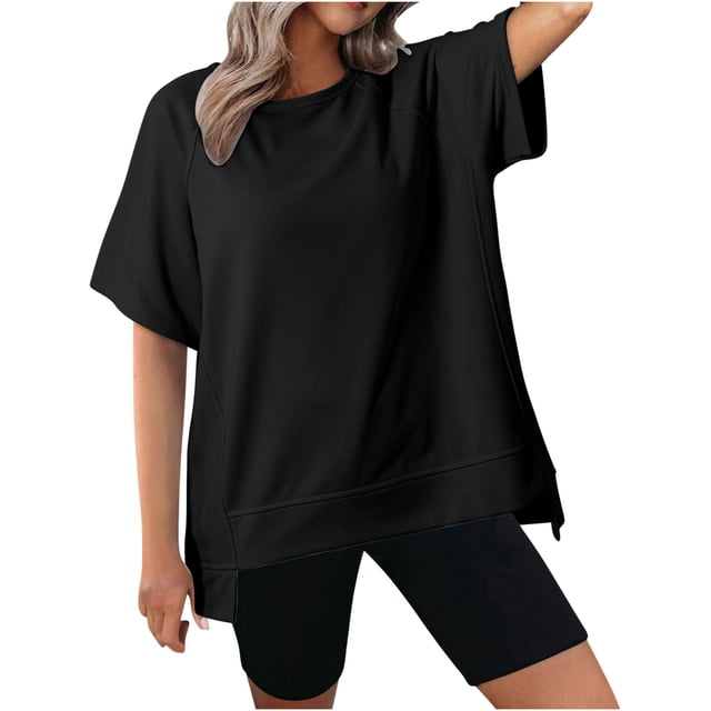 T-Shirts à Col Rond Amples pour Femmes, Chandails Décontractés pour le Ventre, Tenue Tendance, Vêtements; T-Shirts Surdimensionnés pour Femmes, Col Rond, Manches Courtes, Hauts d'Été Décontractés, Légers, Amples, Blouse Asymétrique
