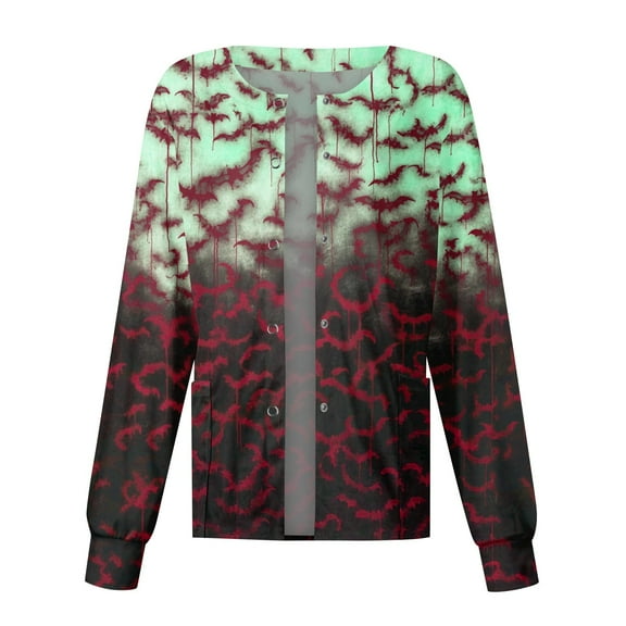 Scrub Jackets for Woman Halloween Scrub Long Sleeve Spooky Printed Scrub Tops Pockets Button up Nursing Workwear Medical Shirts