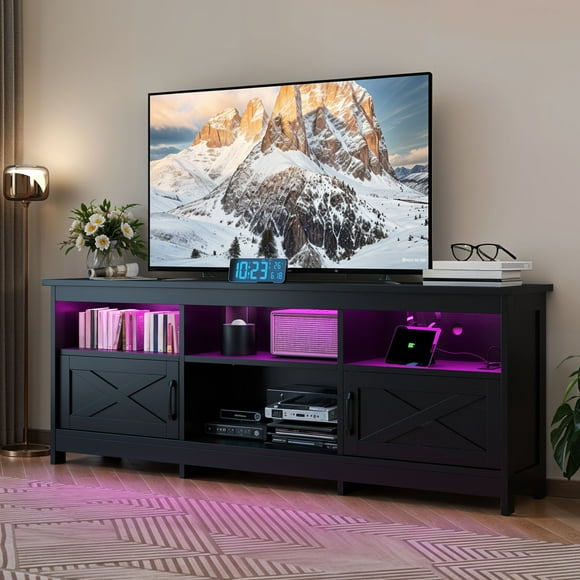 DEXTRUS 70” Farmhouse TV Stand For TVs up to 80 inch, LED Entertainment Center with Power Outlet, Media Console with Storage Cabinets for Living Room, Black