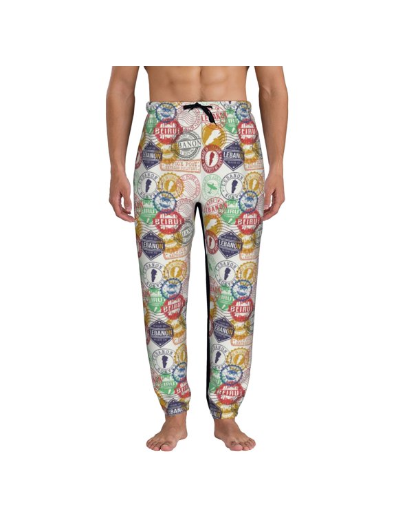 Travel Stamp Print Active Tech Joggers for Men, Mens Sweatpants Lounge Pants with Pockets-3X-Large