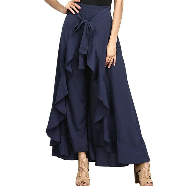 Pantalones de larga con volantes Jumpingount para mujer holgados de pierna ancha color azul oscuro