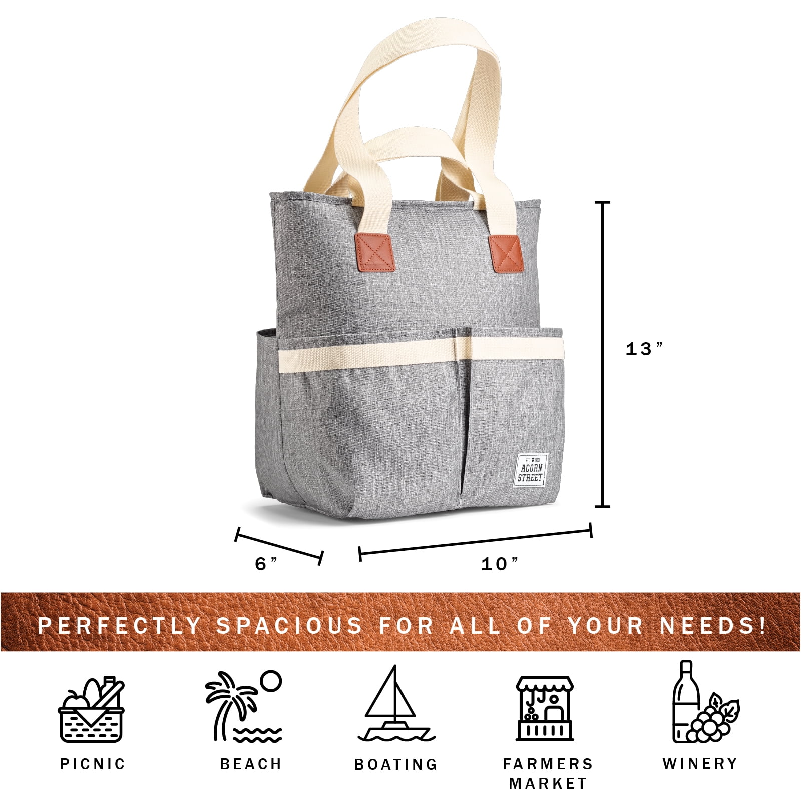 Acorn Street Insulated Cooler Tote Bag with Removable Divider, Grey, 24-Can Capacity