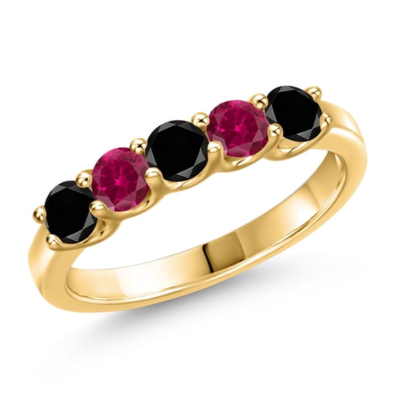 Gem Stone King 18K Yellow Gold Plated Silver Black Diamond and Red Created Ruby Wedding-Bands Ring for Women | 1.01 Cttw | Round 3.5MM | Gemstone April Birthstone | Size 6