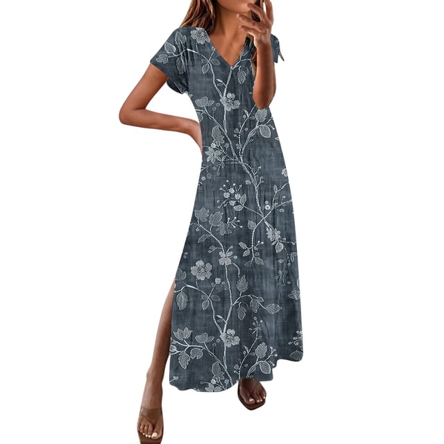 QTOCIO Robes d'Été pour Femmes, Robes Décontractées pour Femmes, Robe Longue à Manches Courtes Col en V Printemps et Été pour Femmes
