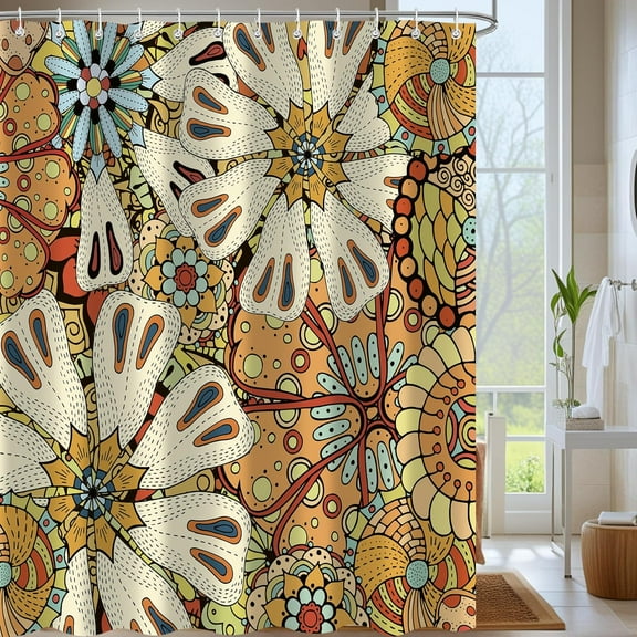 Boho Floral Shower Curtain,Mid Century Vintage Abstract Colorful Mandala Plant Flower Bathroom Decor Set,Polyester Fabric Waterproof Bath Curtain 72x72 Inch with 12 Hooks