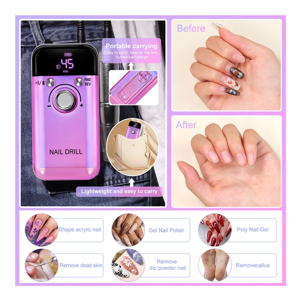 45000RPM Electric Nail Drill Machine Professional Nail Drills for Gel Nails Polish Rechargeable Portable Nail File Manicure Tool