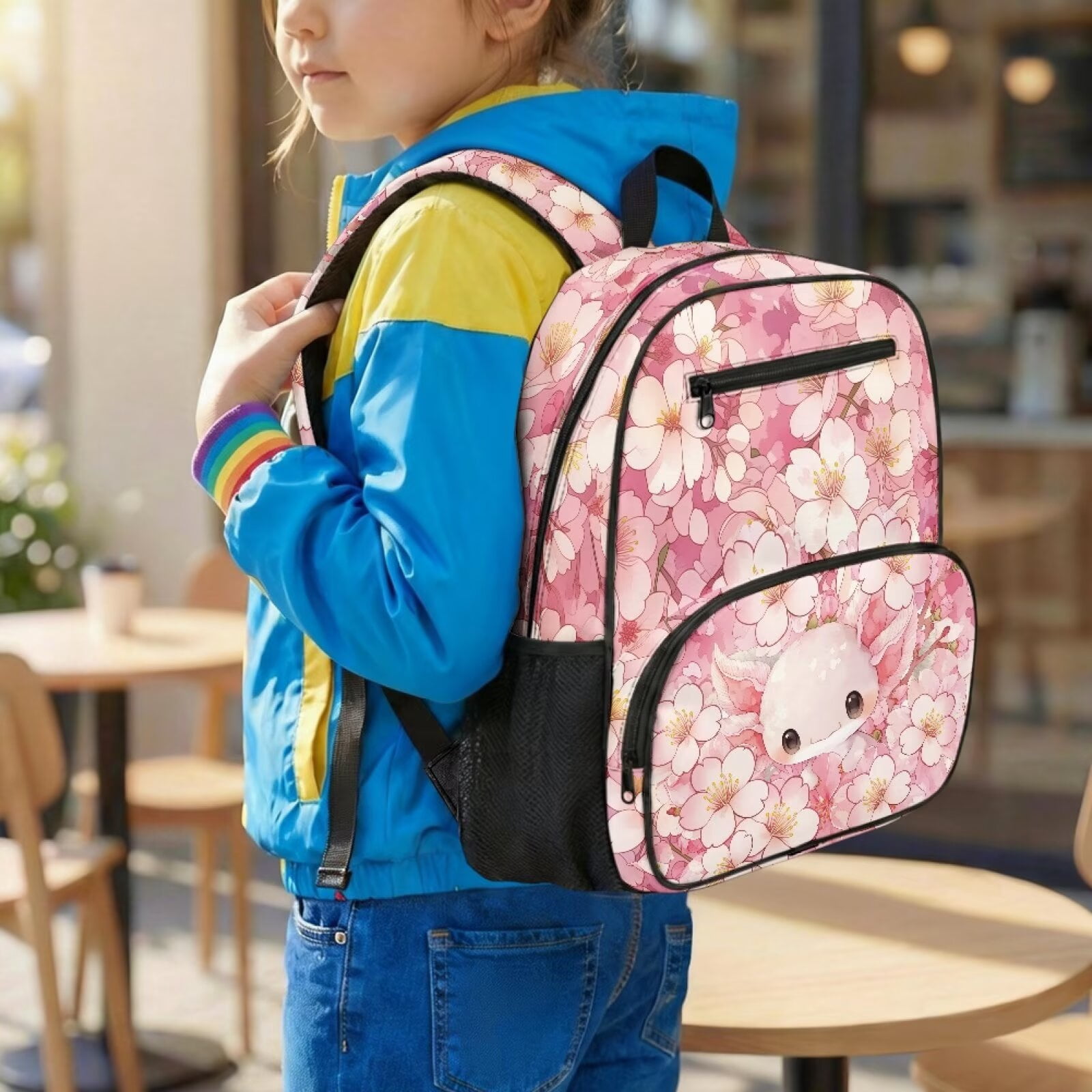 Pzuqiu Pink Cherry Blossom Axolotl 13.5 Inch Toddler Backpack for Kids Preschool Water Resistant Breathable School Bag with Multi Pockets Lightweight Daypack for Kindergarten
